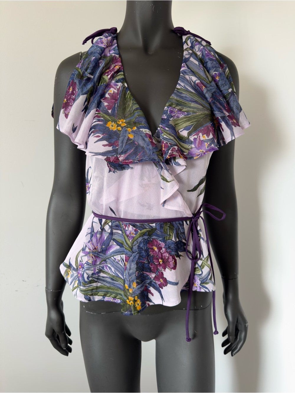 204. Joseph Ribkoff Floral Ruffle Wrap Peplum Top Lavender Purple